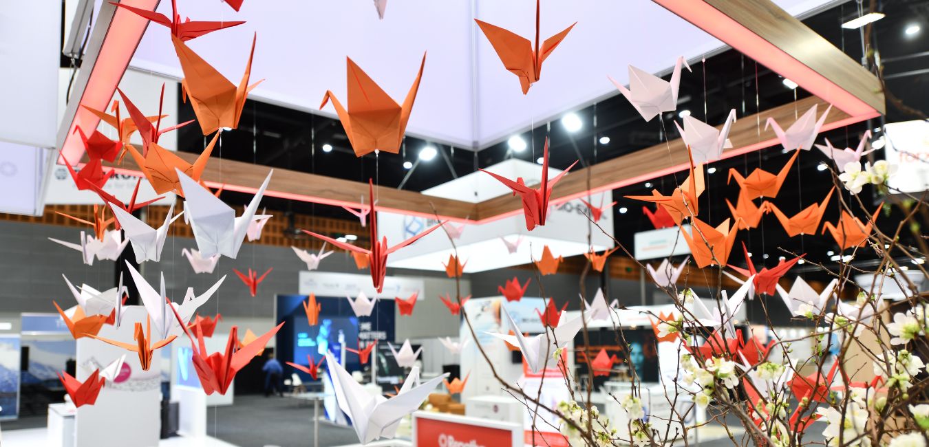 Large Hanging Paper Cranes Installation for Tradeshow Origami World