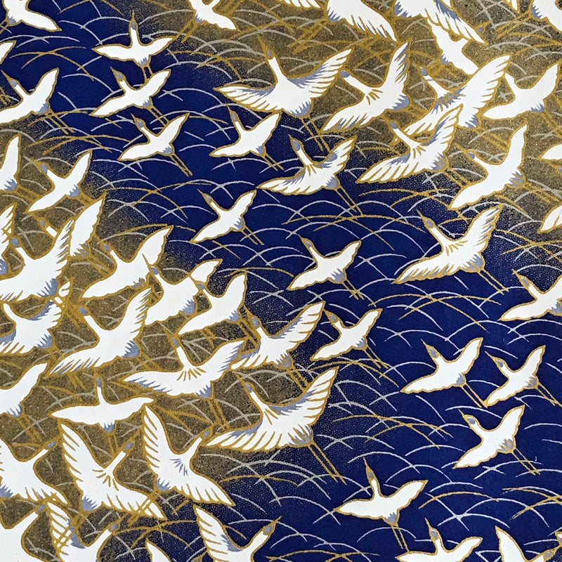 Japanese Yuzen Washi Paper Y0297 - Gold Cranes on Gold and Blue - Chiyogami Paper With Gold Accent for origami, craft & scrapbooking 15x15cm (6")