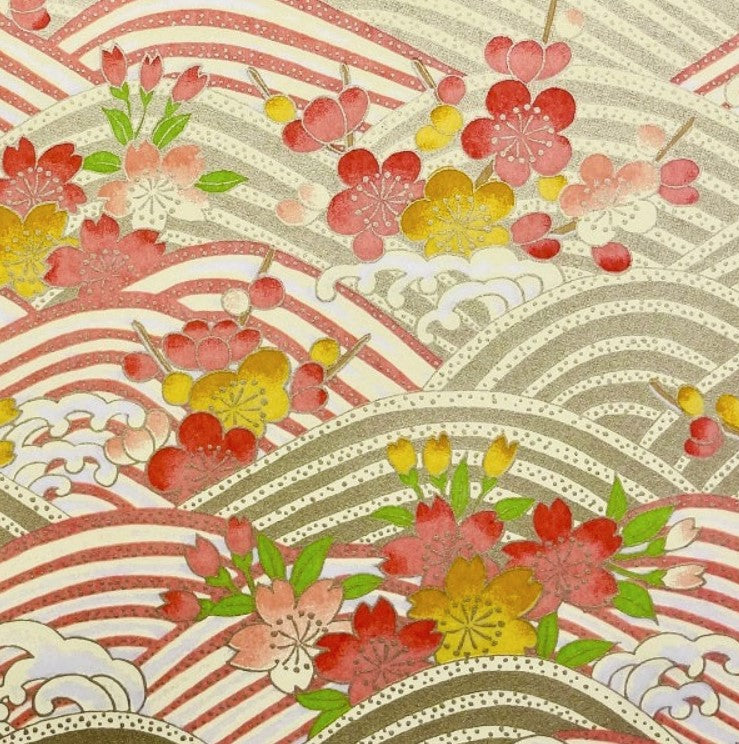 Japanese Yuzen Washi Paper Y0003- Gold Red Cherry Blossoms on Waves - Chiyogami Paper With Gold Accent for origami, craft & scrapbooking 15x15cm (6")