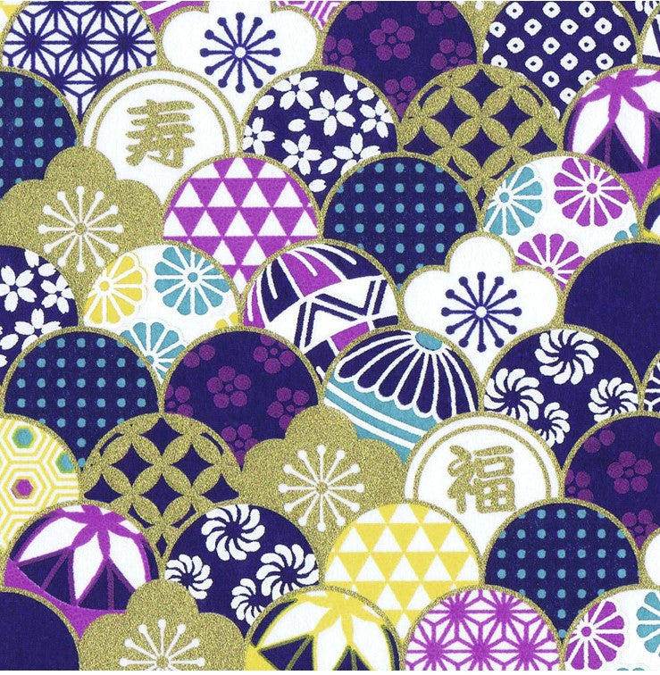 Japanese Yuzen Washi Paper Y0147 - Japanese Purple Baubles - Chiyogami Paper With Gold Accent for origami, craft & scrapbooking 15x15cm (6")