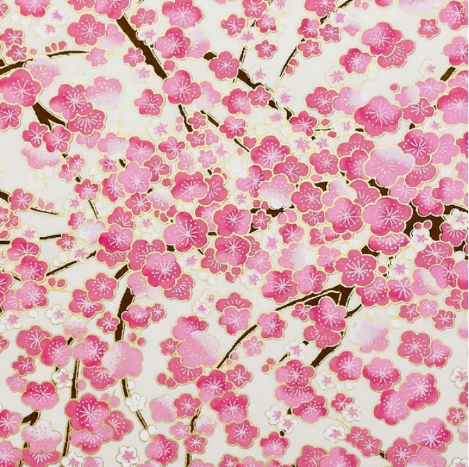 Japanese Yuzen Paper Y0284 – Pink Cherry Blossom Tree -  Chiyogami Paper With Gold Accent for origami, craft & scrapbooking 15x15cm (6")