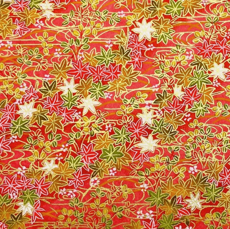 Japanese Yuzen Washi Paper Y0772 - Autumn Leaves on Red - Chiyogami Paper With Gold Accent for origami, craft & scrapbooking