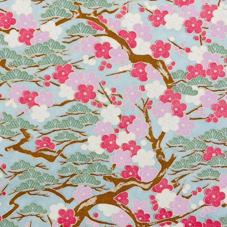 Japanese Yuzen Washi Paper Y0774 - Pink White Cherry Blossom Trees Blue Sky - Chiyogami Paper With Gold Accent for origami, craft & scrapbooking 15x15cm (6")