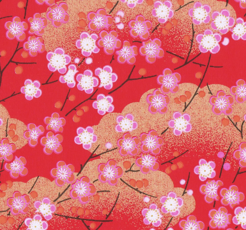 Japanese Yuzen Washi Paper Y0157 - Cherry Blossoms on Red and Gold Cloud - Chiyogami Paper With Gold Accent for origami, craft & scrapbooking 15x15cm (6")