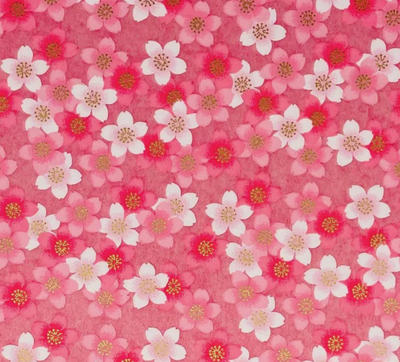Japanese Yuzen Paper Y0169 – Pink Cherry Blossoms  - Chiyogami Paper With Gold Accent for origami, craft & scrapbooking 15x15cm (6")