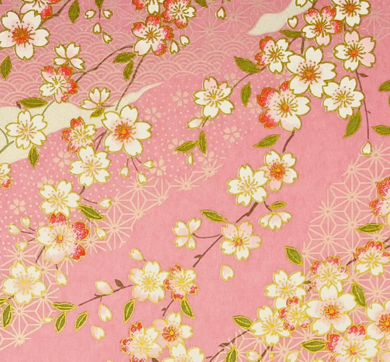 Japanese Yuzen Washi Paper Y0474 – Floral on Pink -  Chiyogami Paper With Gold Accent for origami, craft & scrapbooking 15x15cm (6")