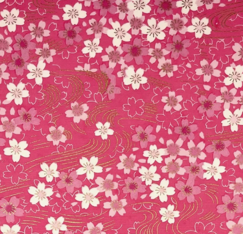Japanese Yuzen Paper Y0481 – Pink Cherry Blossoms - Chiyogami Paper With Gold Accent for origami, craft & scrapbooking 15x15cm (6")