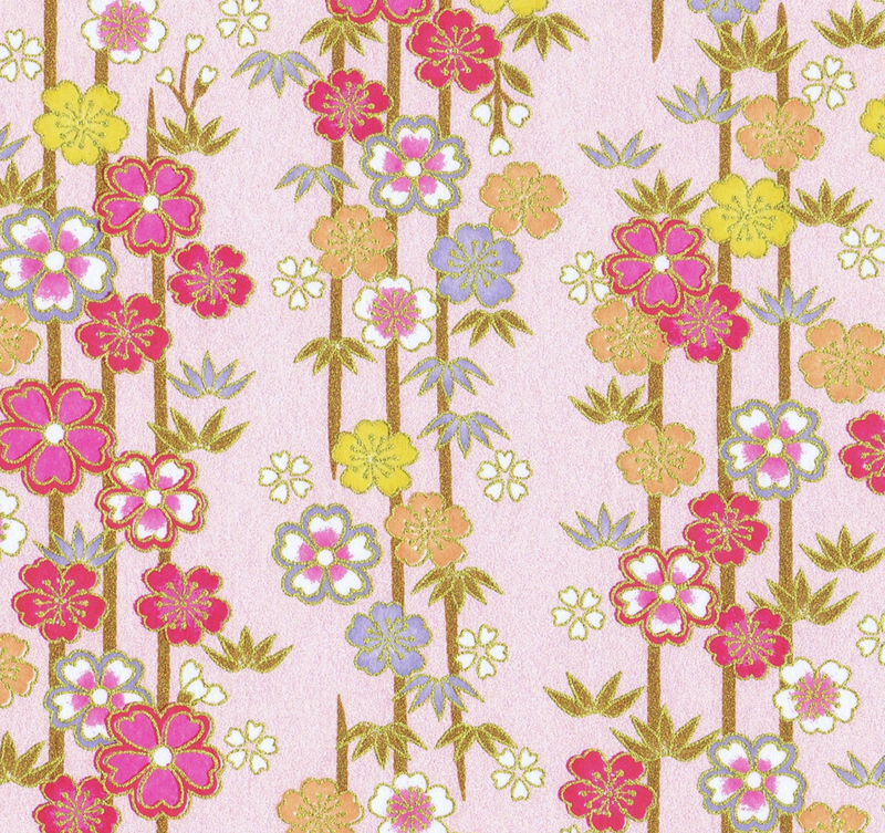 Japanese Yuzen Washi Paper Y0178 - Pink Floral - Chiyogami Paper With Gold Accent for origami, craft & scrapbooking 15x15cm (6")
