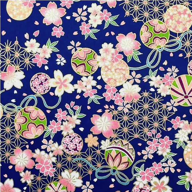 Japanese Yuzen Washi Paper Y0742 - Pink Cherry Blossoms & Baubles on Blue - Chiyogami Paper With Gold Accent for craft & origami 15x15cm (6")