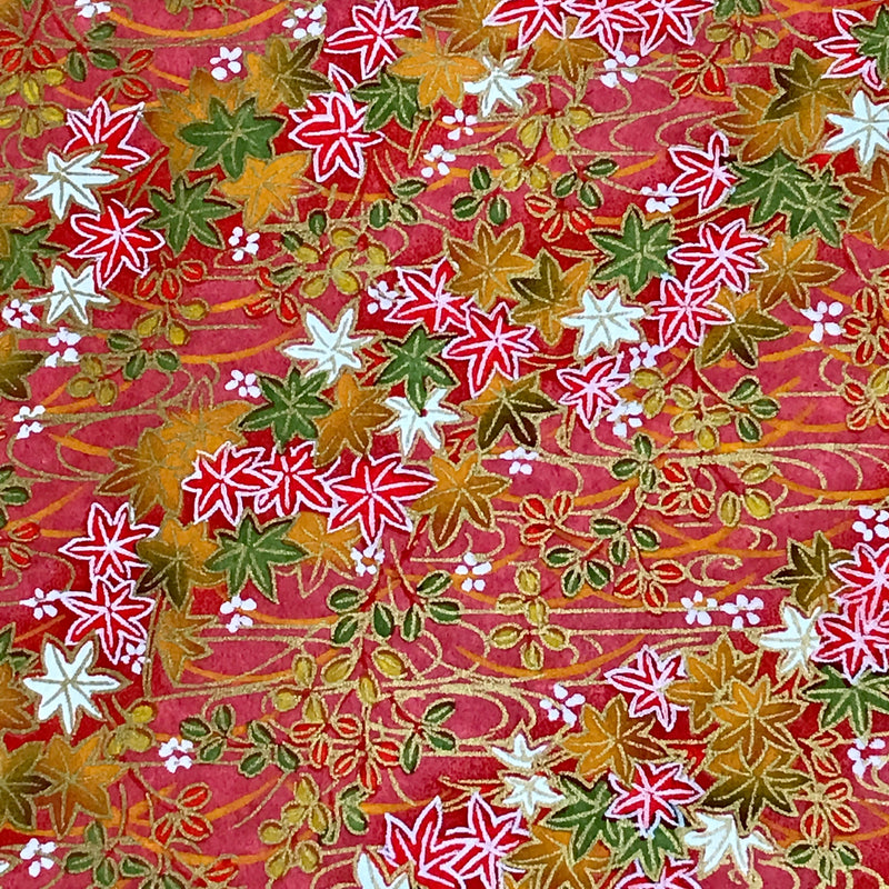 Japanese Yuzen Washi Paper - Autumn Leaves on Red - Chiyogami Paper With Gold Accent for origami, craft & scrapbooking