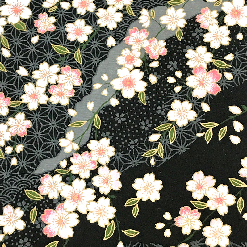 Japanese Yuzen Washi Paper - Cherry Blossoms on Black - Chiyogami Paper With Gold Accent for origami, craft & scrapbooking 15x15cm (6")