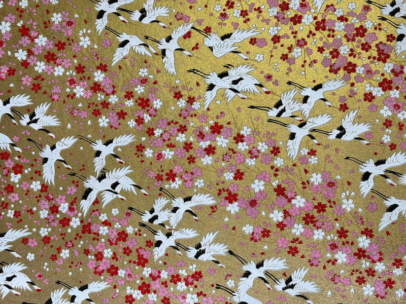 Japanese Yuzen Chiyogami Washi Paper - KW102 – Flying Cranes & Sakura Blossoms on Gold