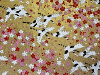 Japanese Yuzen Chiyogami Washi Paper - KW102 – Flying Cranes & Sakura Blossoms on Gold