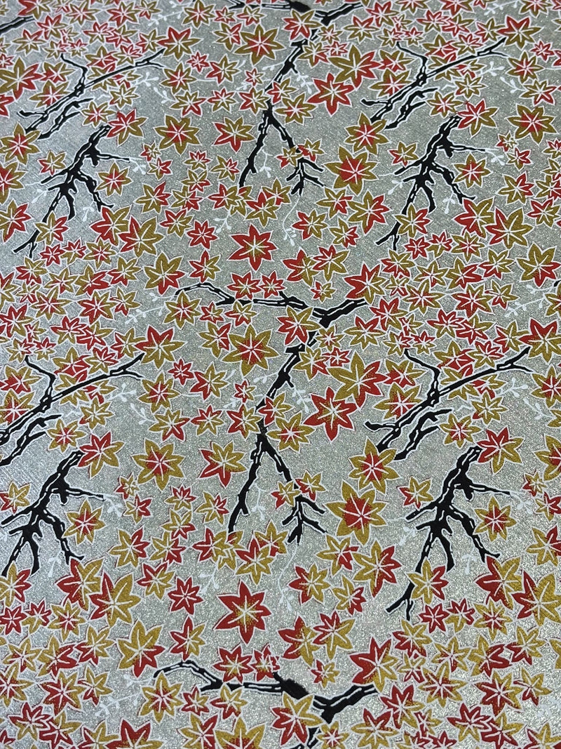 Japanese Yuzen Chiyogami Washi Paper KW105 – Red and Gold Maple Leaves on Silver