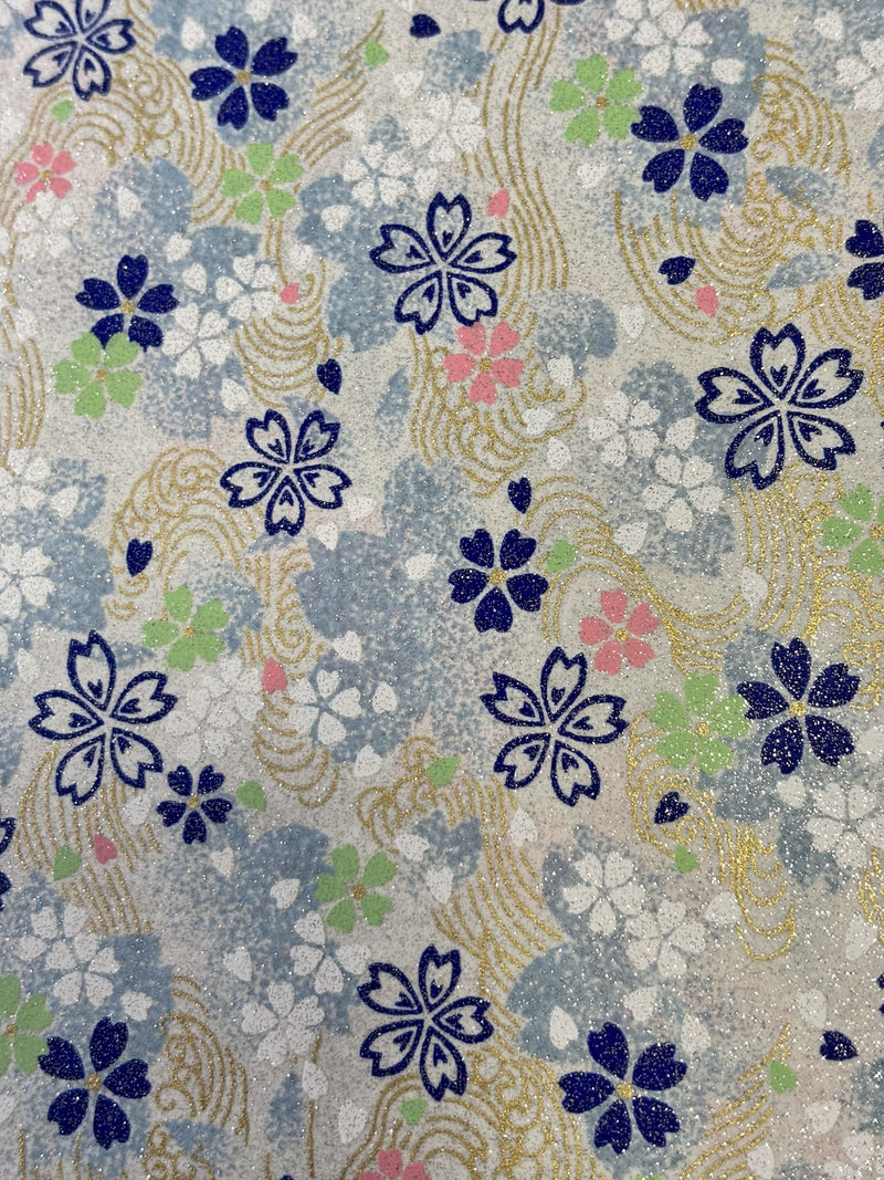 Japanese Yuzen Chiyogami Washi Paper – KW108 – Sakura Stream in Pastel Blue