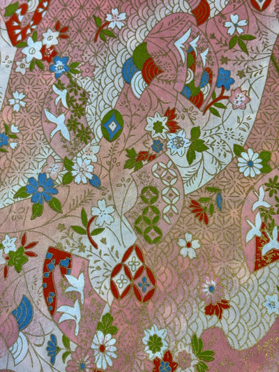 Japanese Yuzen Chiyogami Washi Paper – KW122 – Pink Waves with Cranes and Flowers