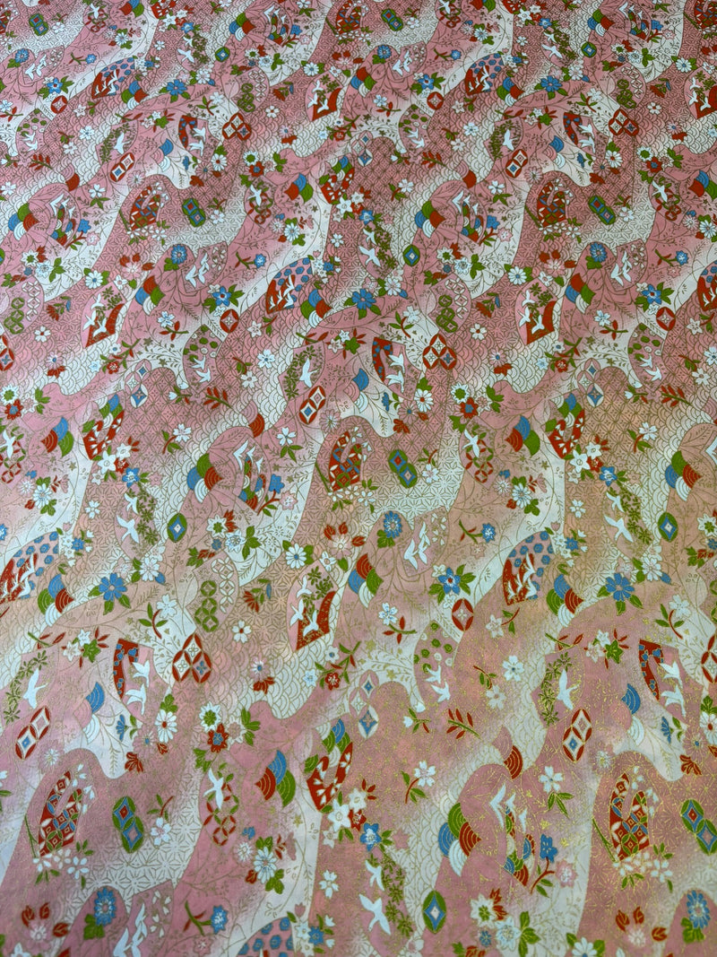 Japanese Yuzen Chiyogami Washi Paper – KW122 – Pink Waves with Cranes and Flowers