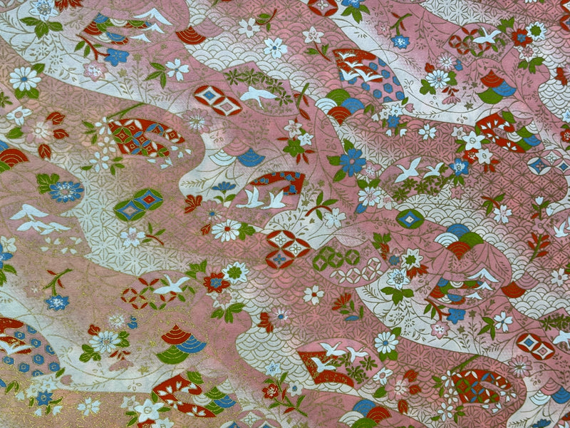 Japanese Yuzen Chiyogami Washi Paper – KW122 – Pink Waves with Cranes and Flowers
