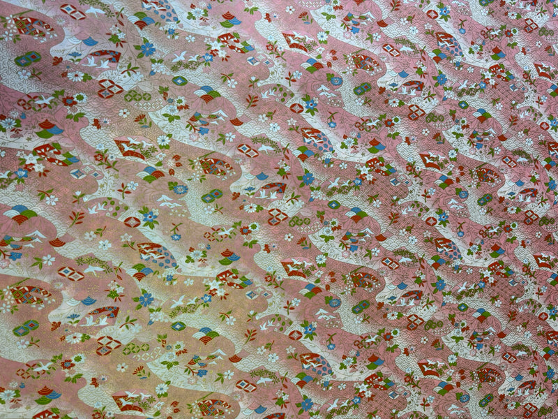 Japanese Yuzen Chiyogami Washi Paper – KW122 – Pink Waves with Cranes and Flowers