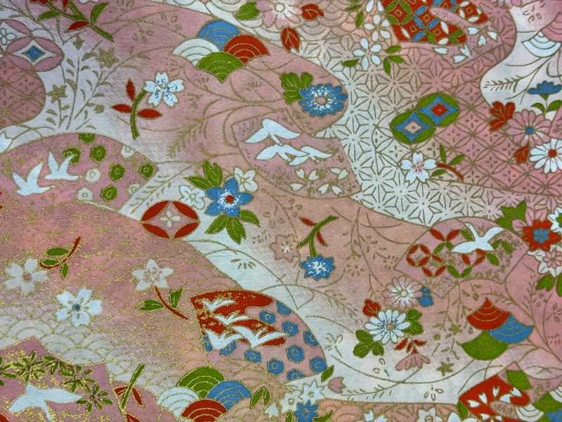 Japanese Yuzen Chiyogami Washi Paper – KW122 – Pink Waves with Cranes and Flowers