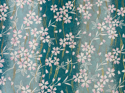 Japanese Yuzen Chiyogami Washi Paper – KW125 – Pink Sakura Blossoms on Aqua Waves