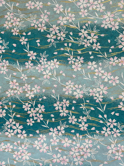 Japanese Yuzen Chiyogami Washi Paper – KW125 – Pink Sakura Blossoms on Aqua Waves