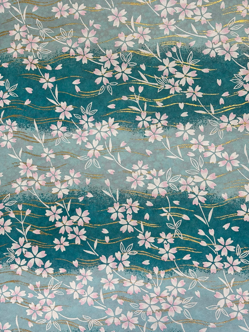 Japanese Yuzen Chiyogami Washi Paper – KW125 – Pink Sakura Blossoms on Aqua Waves