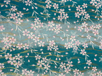 Japanese Yuzen Chiyogami Washi Paper – KW125 – Pink Sakura Blossoms on Aqua Waves