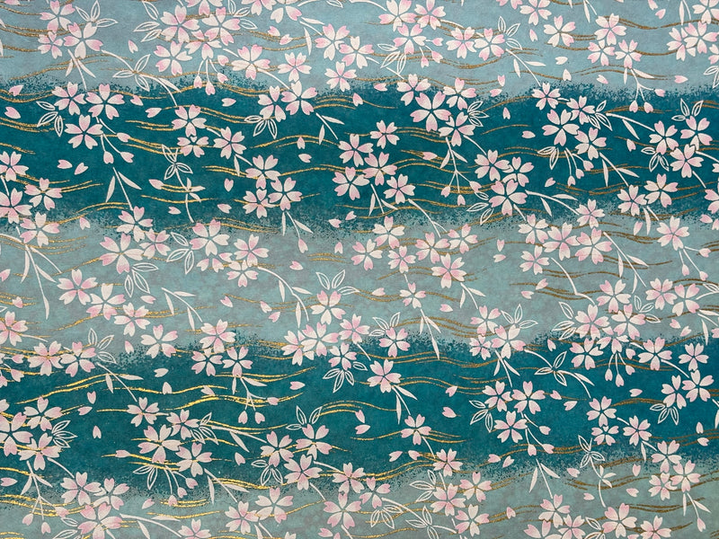 Japanese Yuzen Chiyogami Washi Paper – KW125 – Pink Sakura Blossoms on Aqua Waves