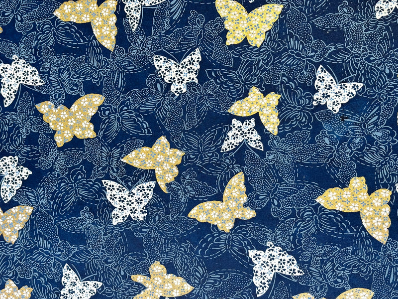 Japanese Yuzen Chiyogami Washi Paper KW132 – Gold and White Butterflies on Navy