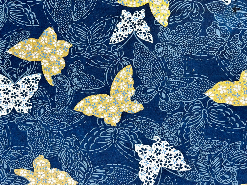 Japanese Yuzen Chiyogami Washi Paper KW132 – Gold and White Butterflies on Navy
