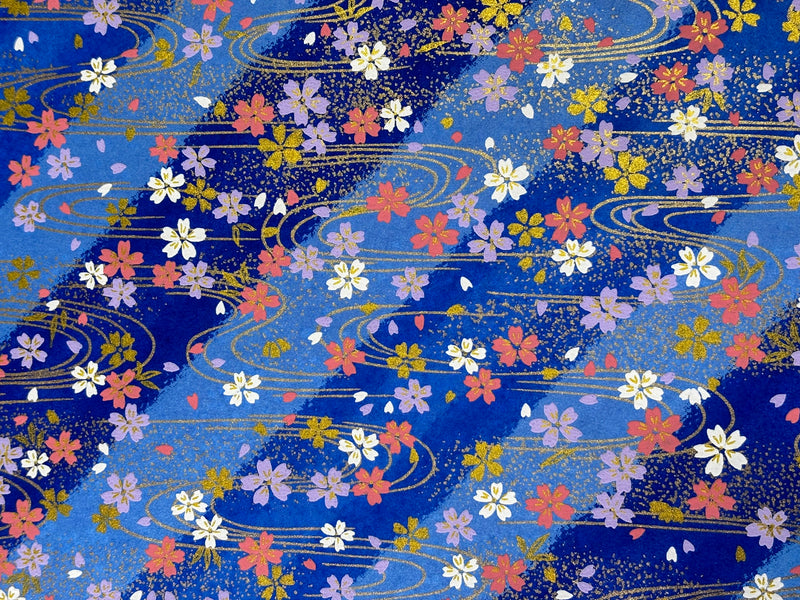 Japanese Yuzen Chiyogami Washi Paper KW133 – Sakura Dance on Blue Waves