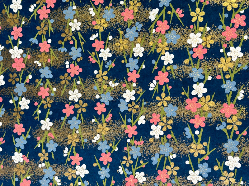 Japanese Yuzen Chiyogami Washi Paper KW134 – Pink, White & Blue Blossom Sprays with Gold on Navy