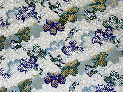 Japanese Yuzen Chiyogami Washi Paper KW135 – Blue Butterflies on Sakura Leaves