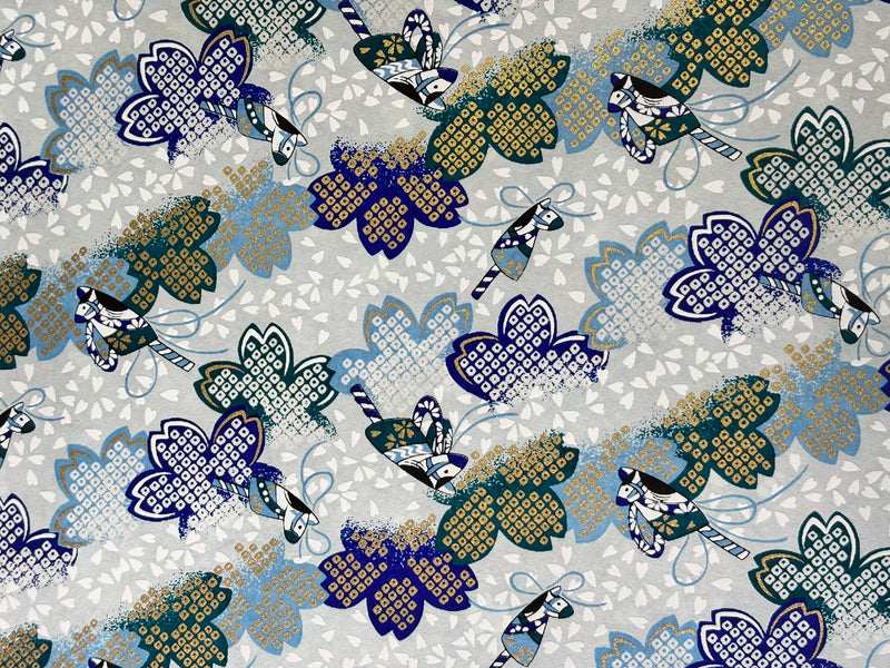 Japanese Yuzen Chiyogami Washi Paper KW135 – Blue Butterflies on Sakura Leaves