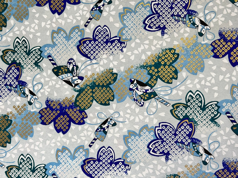 Japanese Yuzen Chiyogami Washi Paper KW135 – Blue Butterflies on Sakura Leaves