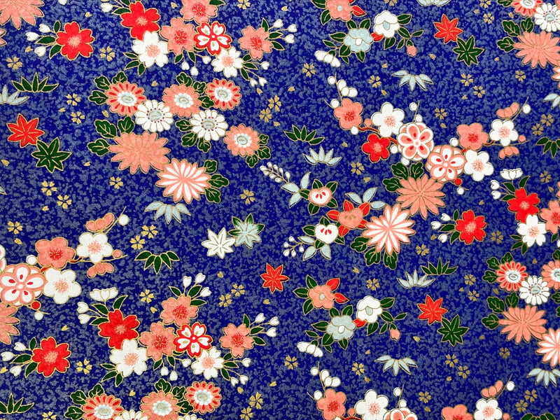 Japanese Yuzen Chiyogami Washi Paper - KW136 - Pink & Red Floral on Royal Blue