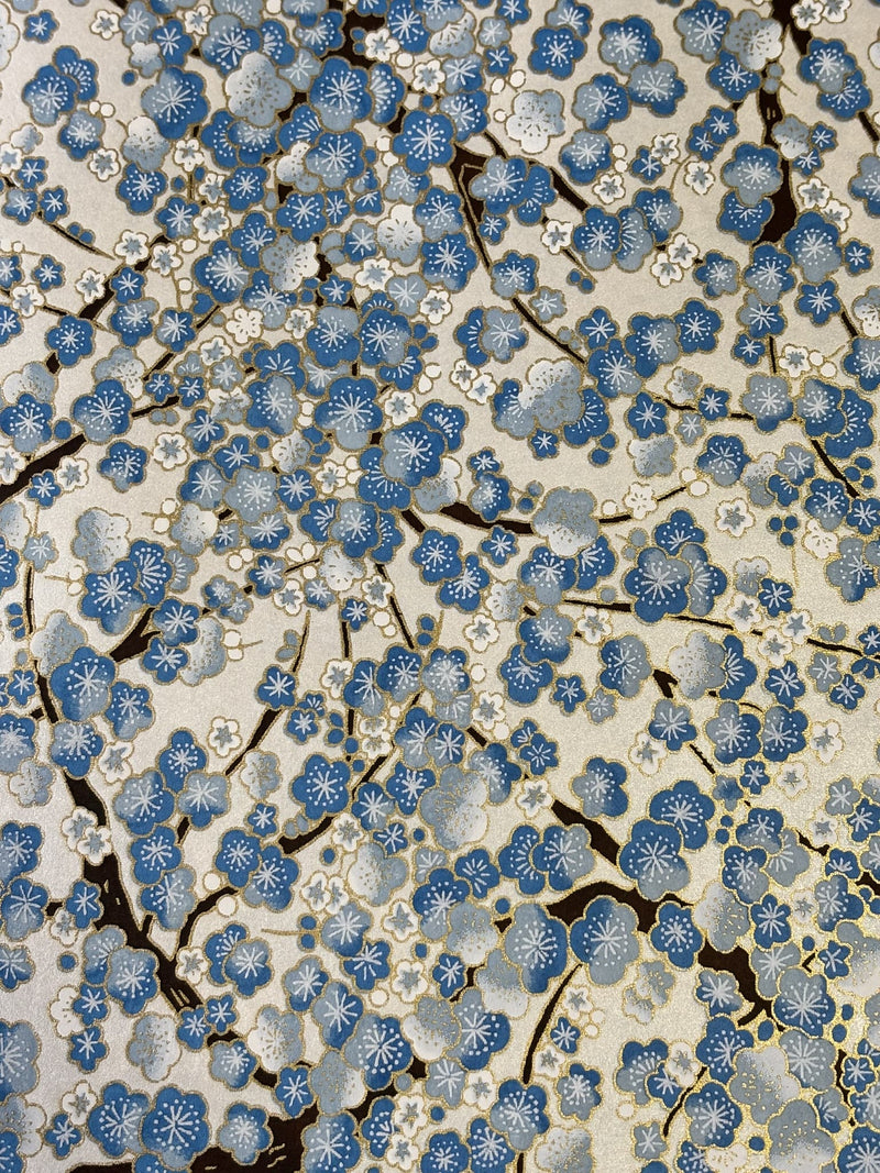 Japanese Yuzen Chiyogami Washi Paper KW215 – Blue Plum Blossoms on Ivory