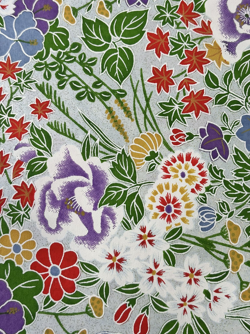 Japanese Yuzen Chiyogami Washi Paper KW301 – Wildflower Garden on Silver