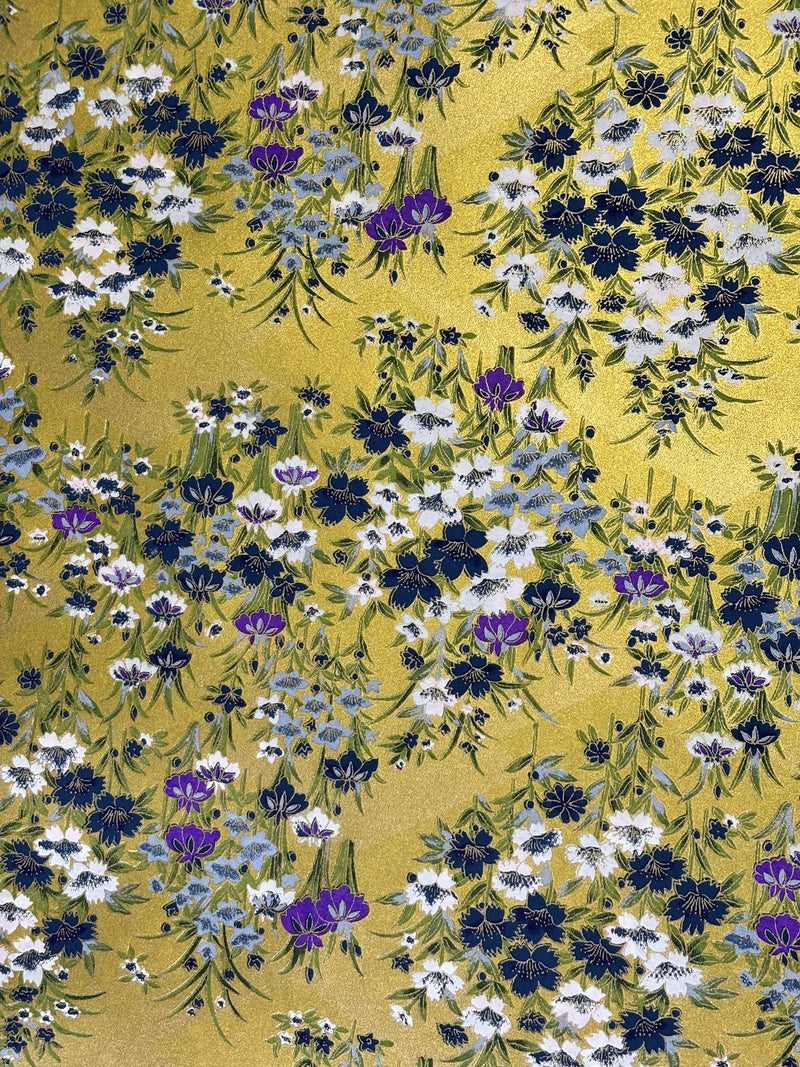 Japanese Yuzen Chiyogami Washi Paper KW303 – Golden Garden with Indigo & Violet Blooms