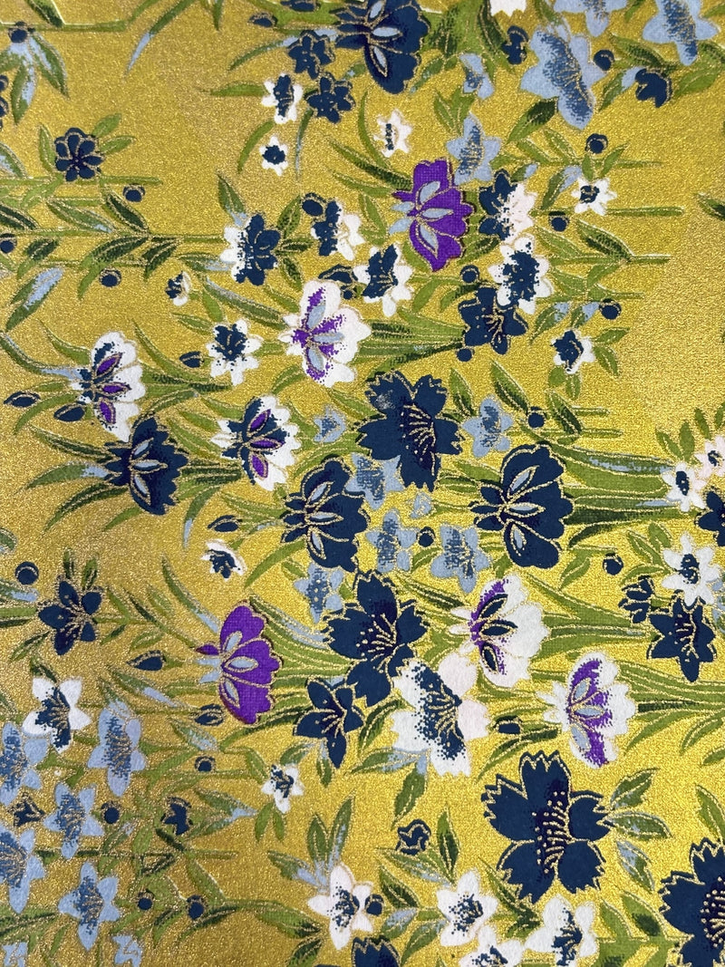 Japanese Yuzen Chiyogami Washi Paper KW303 – Golden Garden with Indigo & Violet Blooms