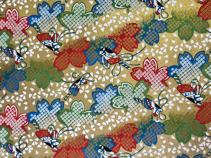 Japanese Yuzen Chiyogami Washi Paper KW304 – Red, Green & Blue Maple Leaves with Gold Butterflies