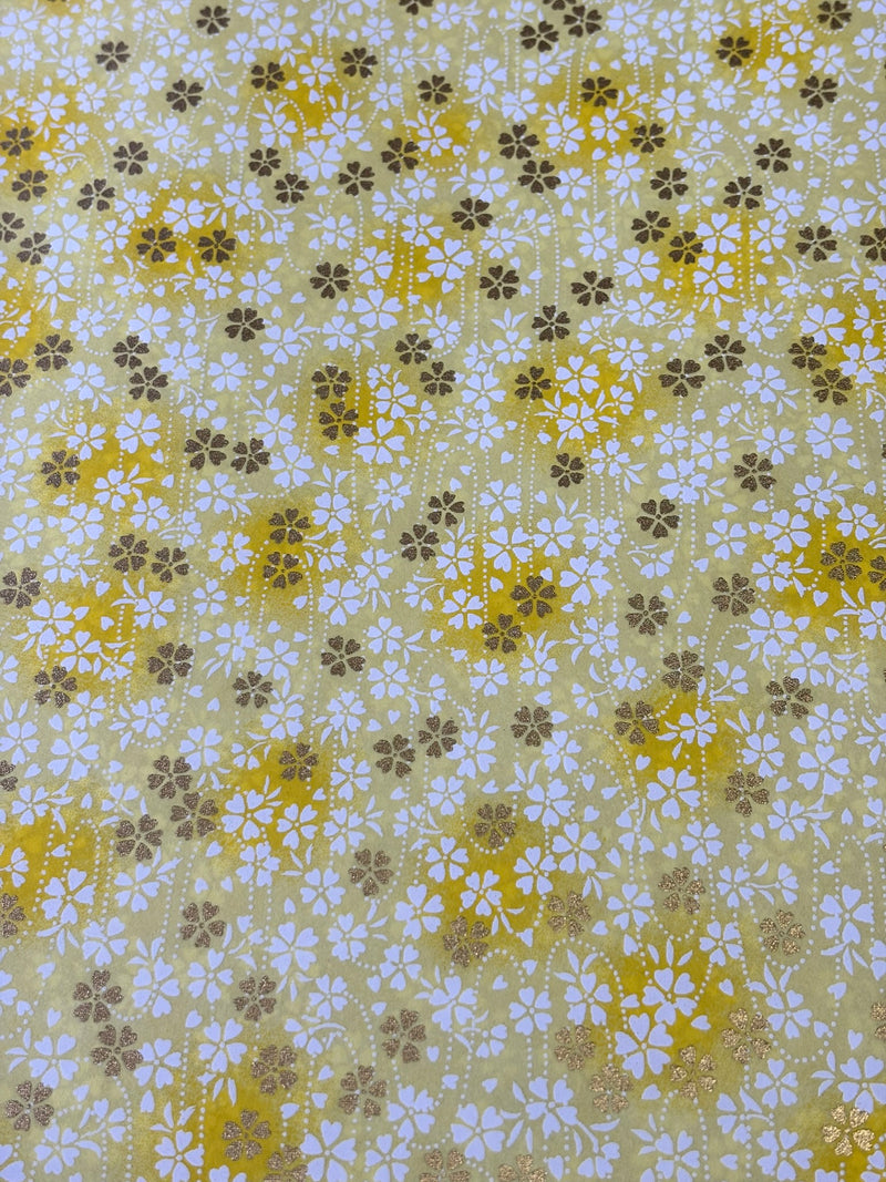 Japanese Yuzen Chiyogami Washi Paper – KW306 – White & Gold Sakura on Yellow Wash