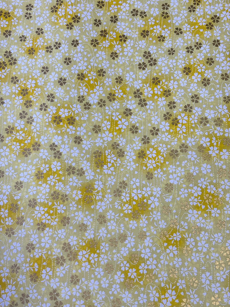 Japanese Yuzen Chiyogami Washi Paper – KW306 – White & Gold Sakura on Yellow Wash