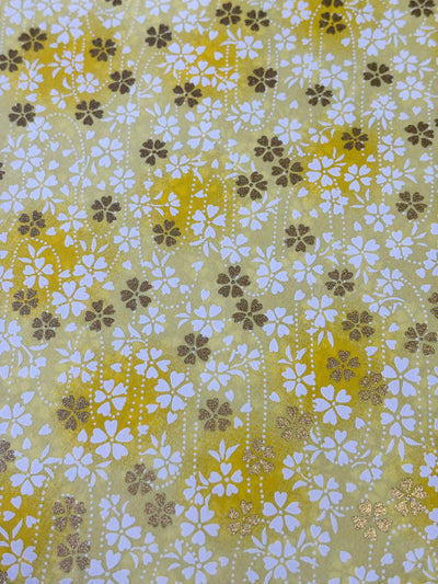 Japanese Yuzen Chiyogami Washi Paper – KW306 – White & Gold Sakura on Yellow Wash