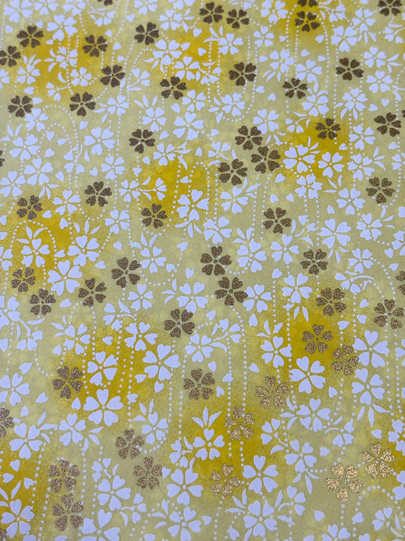 Japanese Yuzen Chiyogami Washi Paper – KW306 – White & Gold Sakura on Yellow Wash