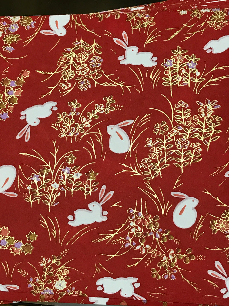 Japanese Yuzen Washi Paper - Rabbits on Red - Chiyogami Paper With Gold Accent for origami, craft & scrapbooking 15x15cm (6")