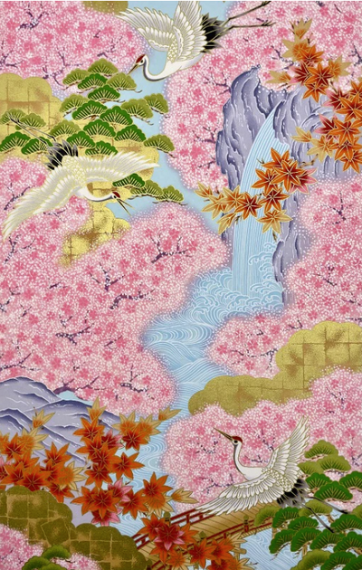 Sogara Yuzen Washi SY019 - Cranes, Waterfalls, Cherry Blossoms, Pine Trees, and Japanese Maple