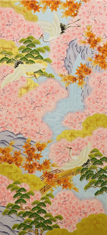 Sogara Yuzen Washi SY019 - Cranes, Waterfalls, Cherry Blossoms, Pine Trees, and Japanese Maple