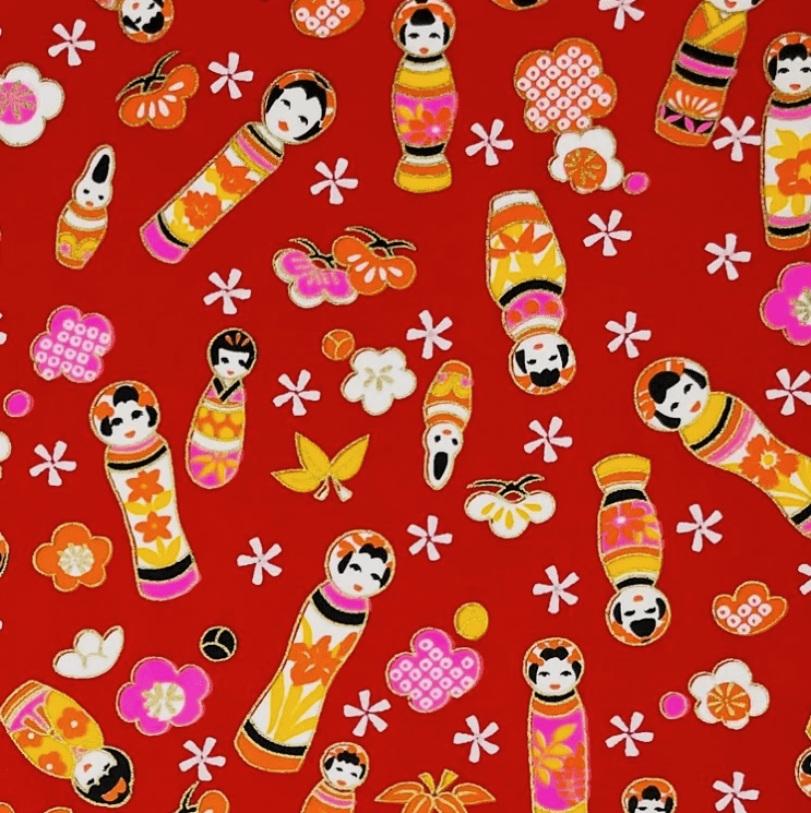 Japanese Yuzen Chiyogami Washi Paper (Y0033) – Kokeshi Doll Pattern on Red Background